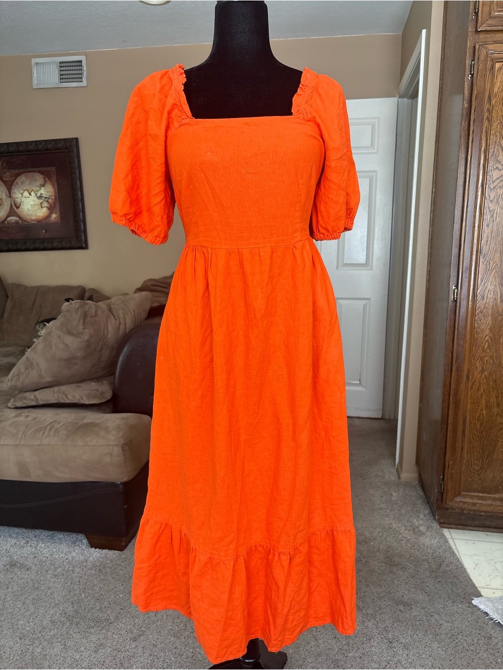 Who What Wear Orange Linen/Rayon Square-Neck Midi Dress with Puff Sleeves